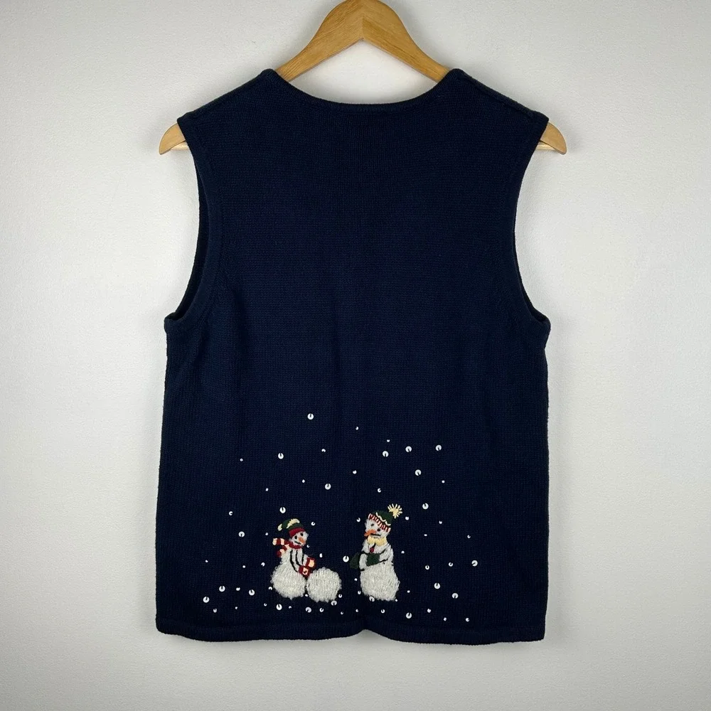 Vintage Breckenridge Navy Blue Snowman‎ Sequin Zip Up Vest Women's Medium